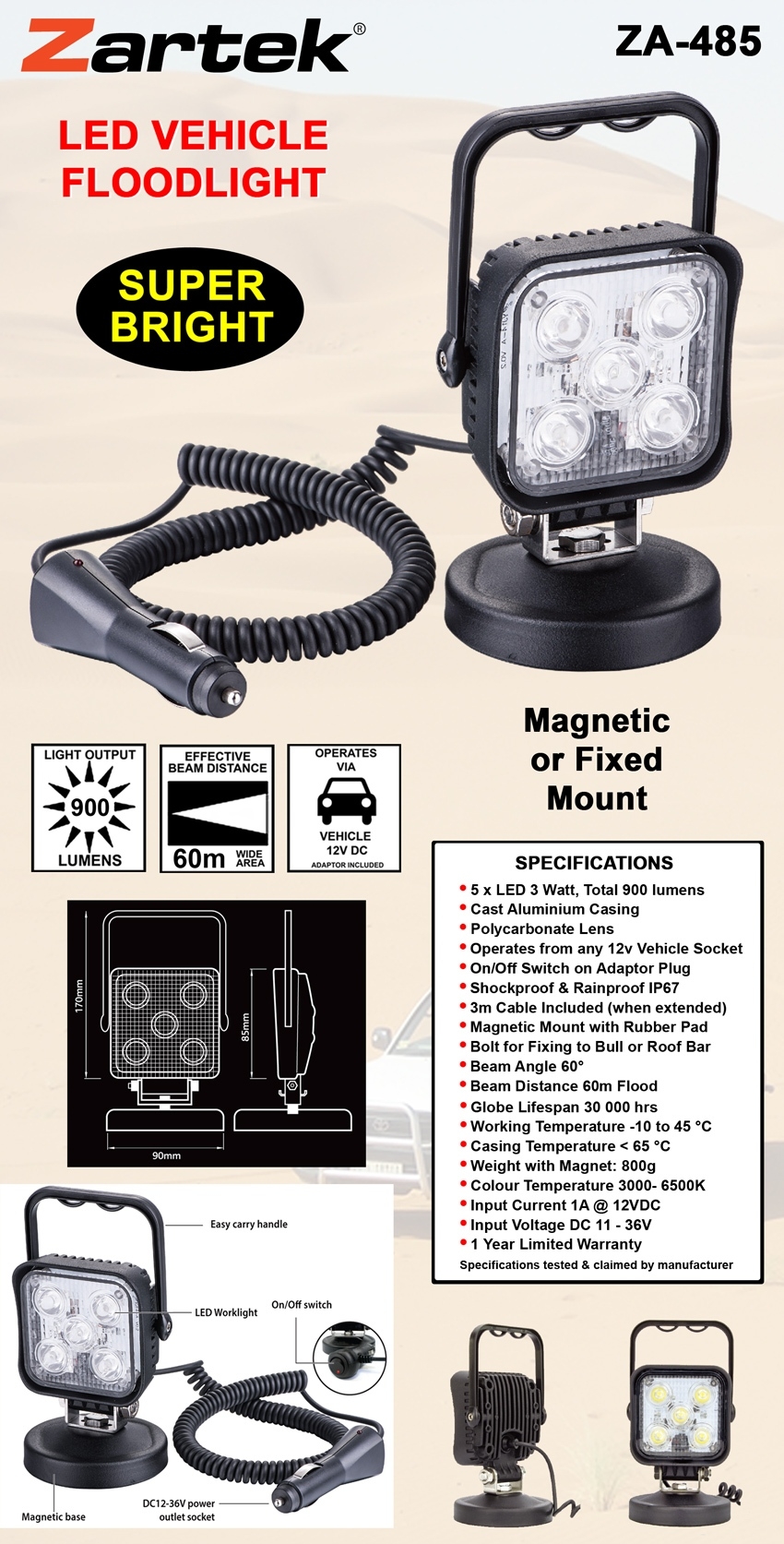 VEHICLE LED FLOODLIGHT - 5 X LED, 3 WATT, TOTAL 900 LUMENS - ZA485 - Image 2