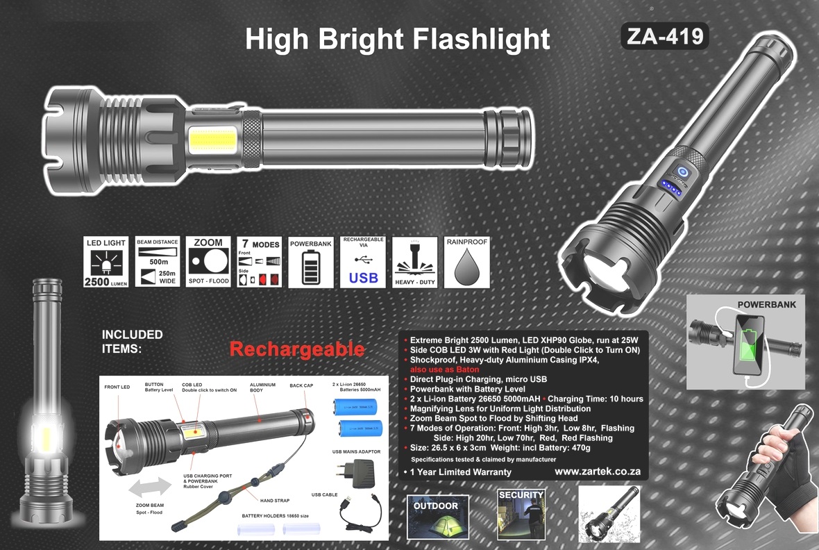 2500 LUMEN SUPER BRIGHT FLASHLIGHT - ZA-419 - Image 2