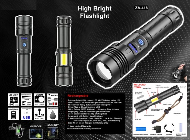 1500 LUMEN TORCH WITH SIDE WORKLIGHT - ZA-418 - Image 2
