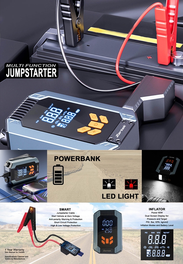 JUMP STARTER (WITH SMART CABLE) | AIR COMPRESSOR | POWERBANK | LED LIGHT – ZA-317