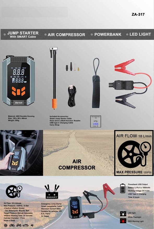 JUMP STARTER (WITH SMART CABLE) | AIR COMPRESSOR | POWERBANK | LED LIGHT – ZA-317 - Image 2